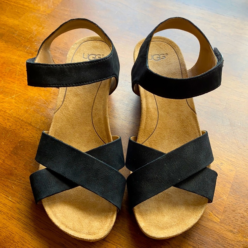 UGG® Leather Ankle Strap Wedge Sandals